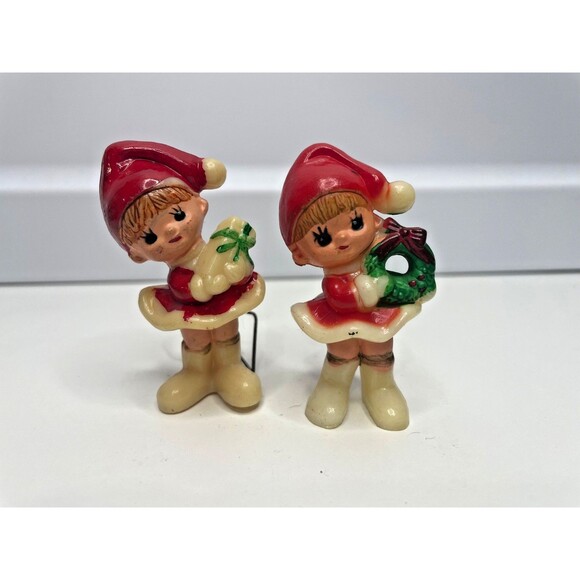 2 VTG HARD PLASTIC XMAS GIRL PIXIE ELF 2.5” FIGURINES WREATH GIFT HONG KONG - Picture 1 of 5